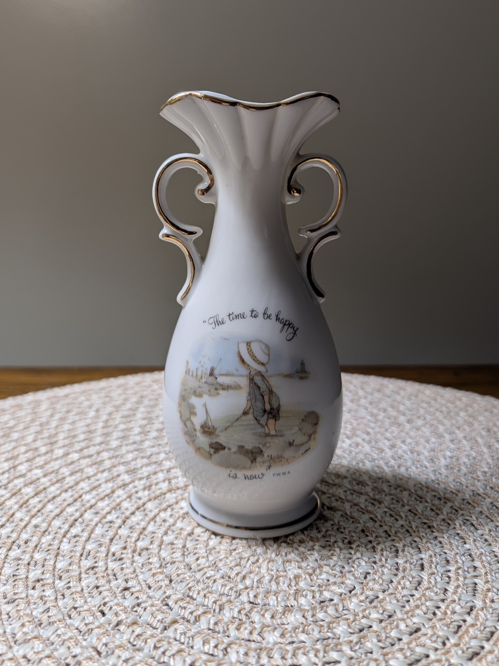 Vintage 1973 Holly Hobbie Porcelain Vase - "The Time to Be Happy Is Now"